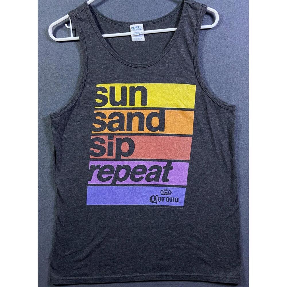 Men’s Corona Tank Sleeveless Distressed Epic Sz Medium SUN SAND SIP REPEAT Gray